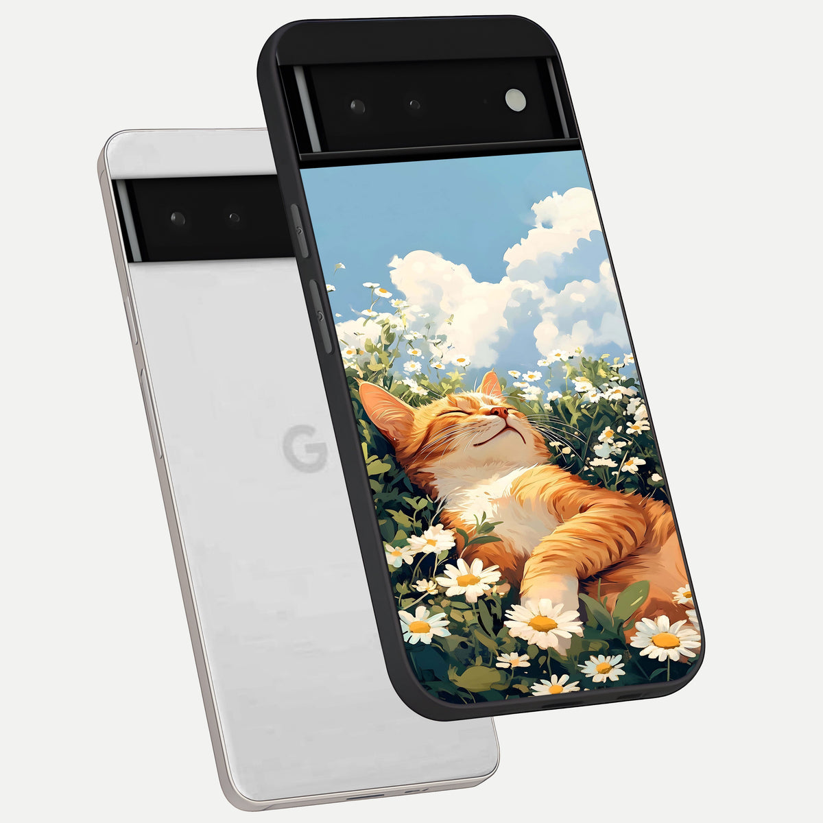  Cat And Flowers View phone case For Google Pixel 6 showing premium glass back cover with detailed artwork