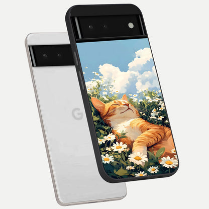  Cat And Flowers View phone case For Google Pixel 6 showing premium glass back cover with detailed artwork