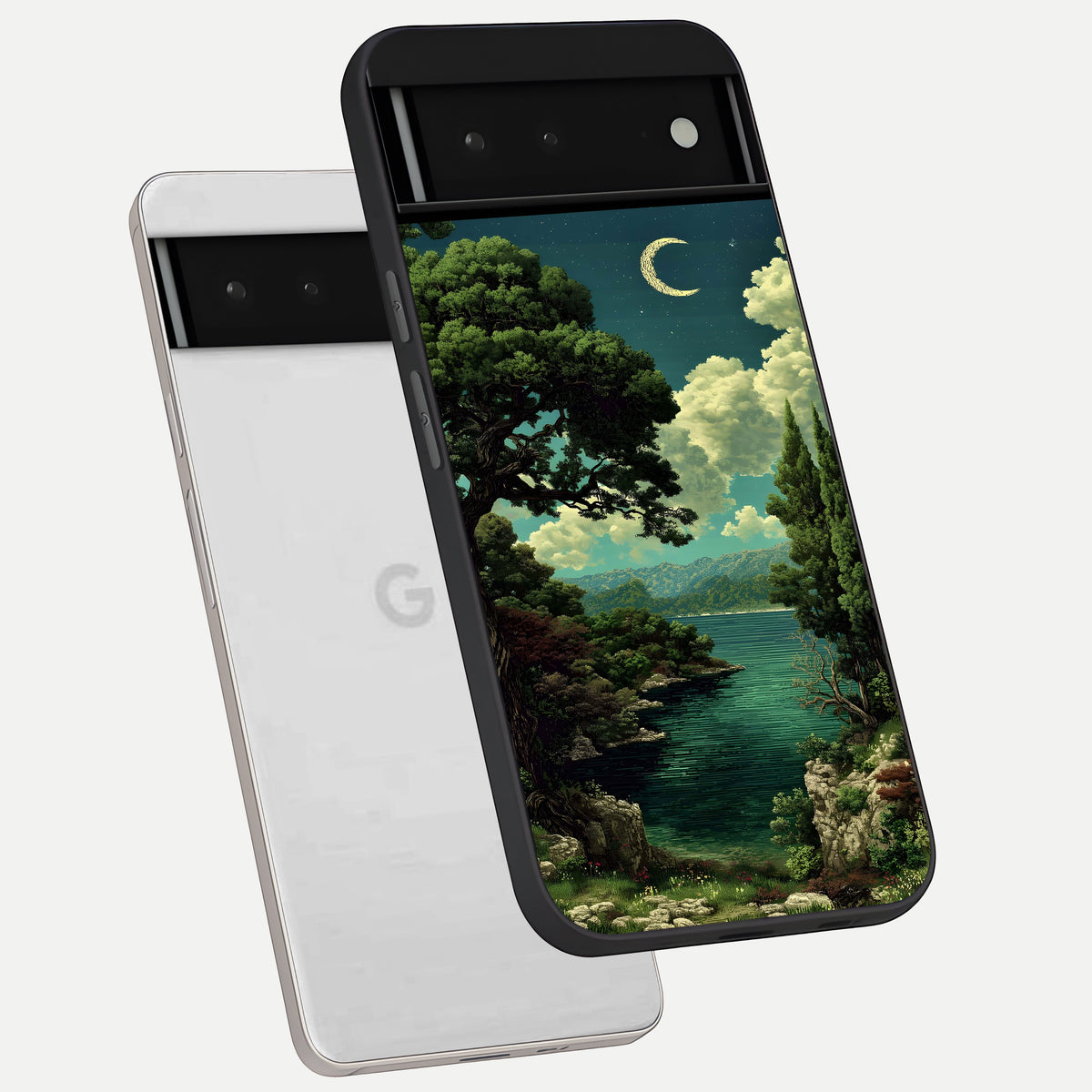  Celestial Lake Peace phone case For Google Pixel 6 showing premium glass back cover with detailed artwork