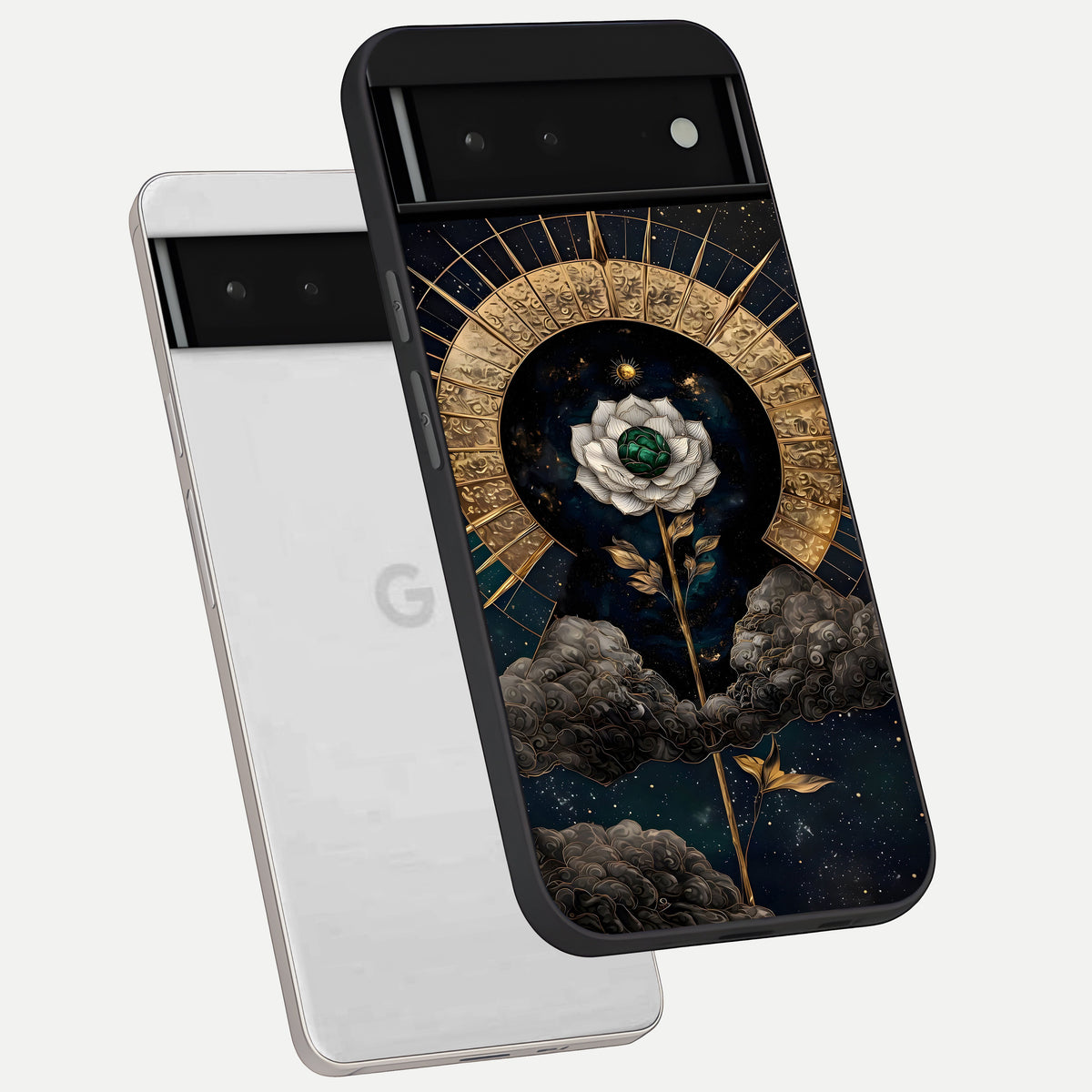  Celestial Lotus Morang phone case For Google Pixel 6 showing premium glass back cover with detailed artwork