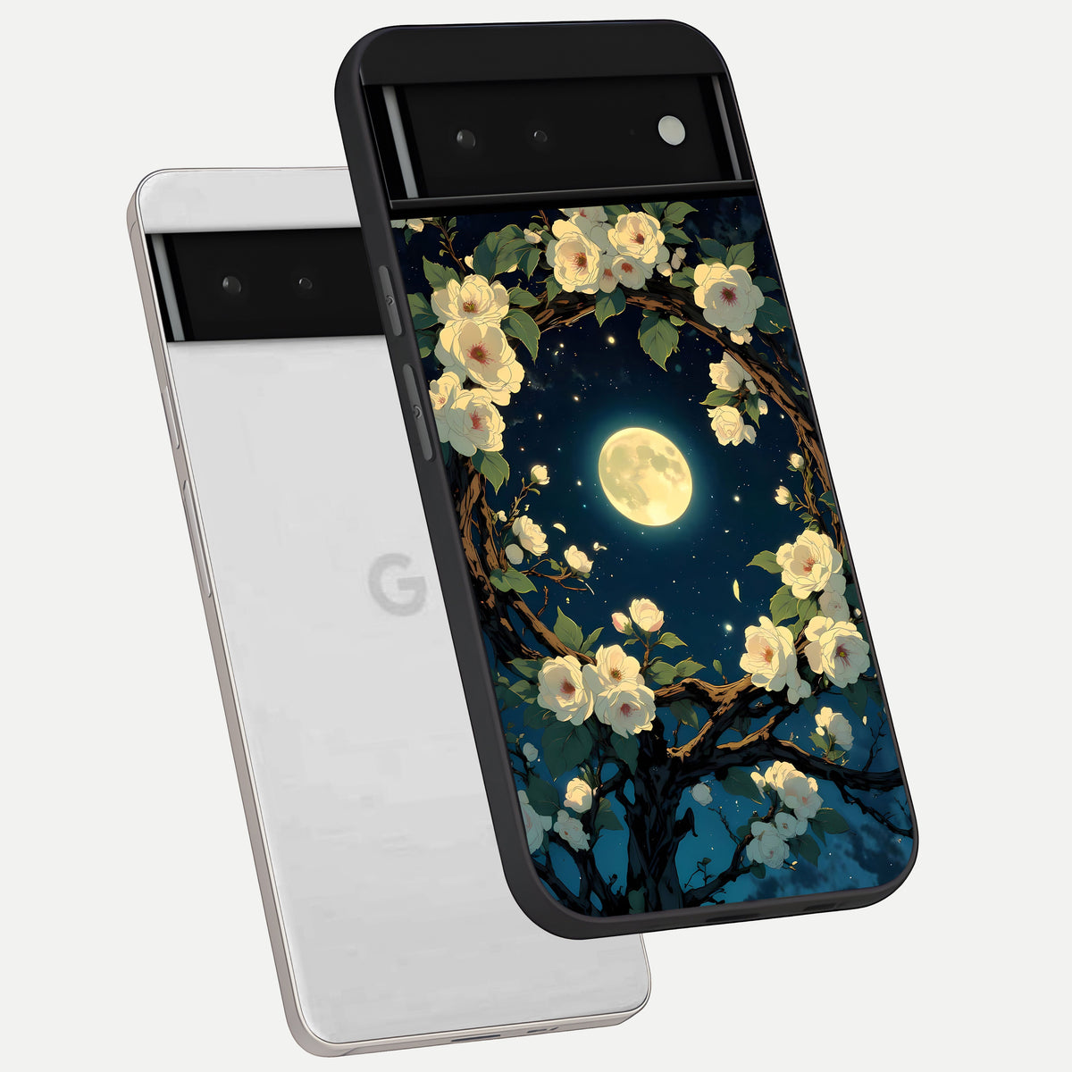  Celestial Moon And Flower phone case For Google Pixel 6 showing premium glass back cover with detailed artwork