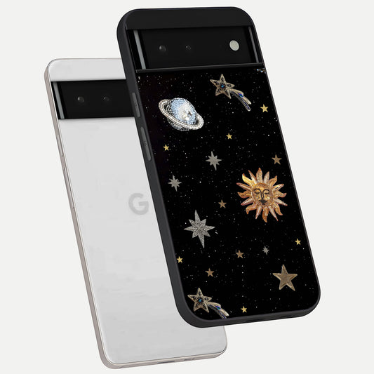  Celestial Moon With Stars phone case For Google Pixel 6 showing premium glass back cover with detailed artwork