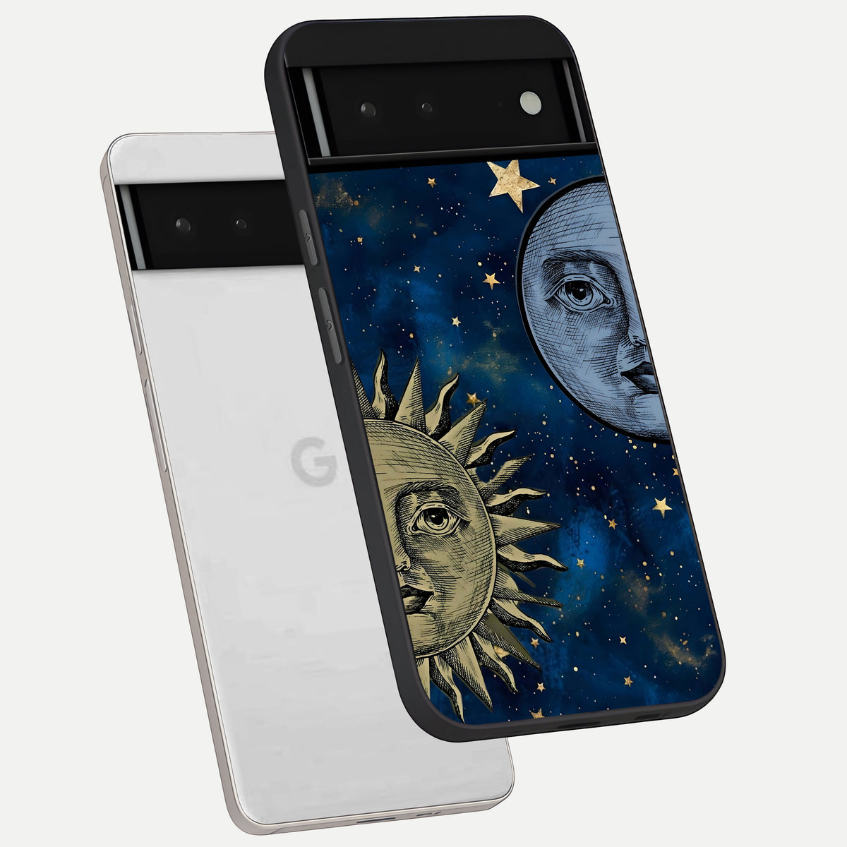  Celestial Moon With Sun phone case For Google Pixel 6 showing premium glass back cover with detailed artwork