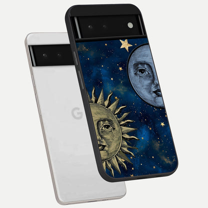  Celestial Moon With Sun phone case For Google Pixel 6 showing premium glass back cover with detailed artwork