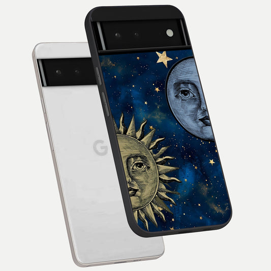  Celestial Moon With Sun phone case For Google Pixel 6 showing premium glass back cover with detailed artwork