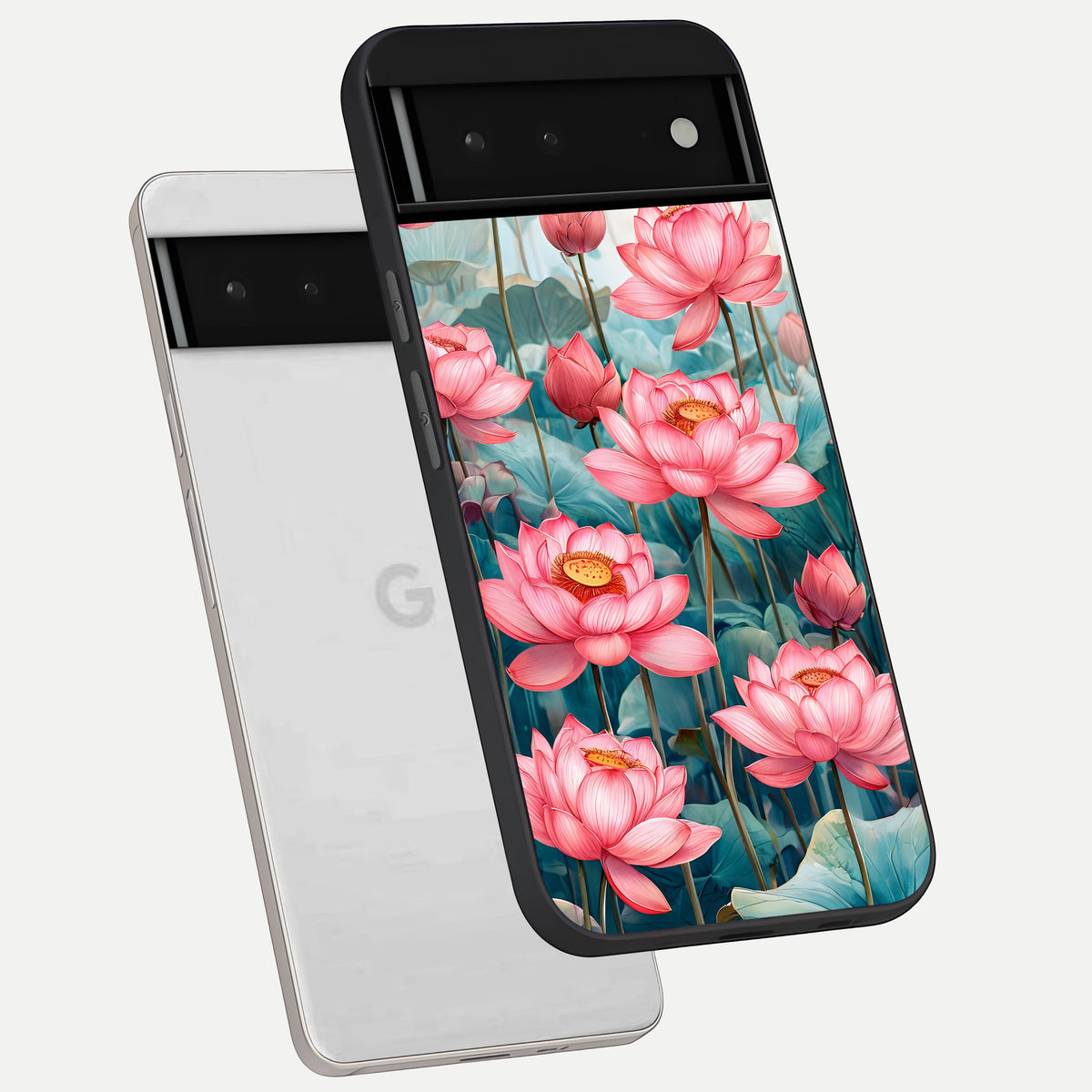  Celestial Pink Lotus phone case For Google Pixel 6 showing premium glass back cover with detailed artwork