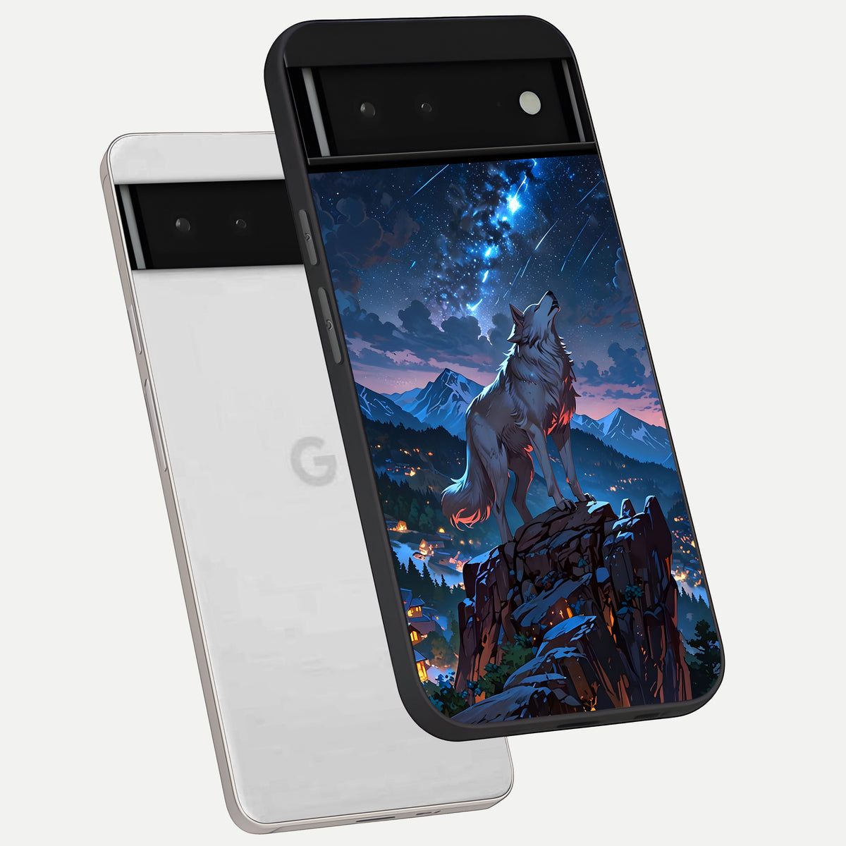  Celestial Wolf Howl phone case For Google Pixel 6 showing premium glass back cover with detailed artwork
