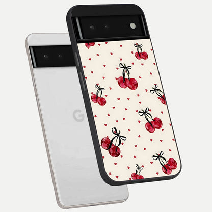  Cherry Heart Bow phone case For Google Pixel 6 showing premium glass back cover with detailed artwork