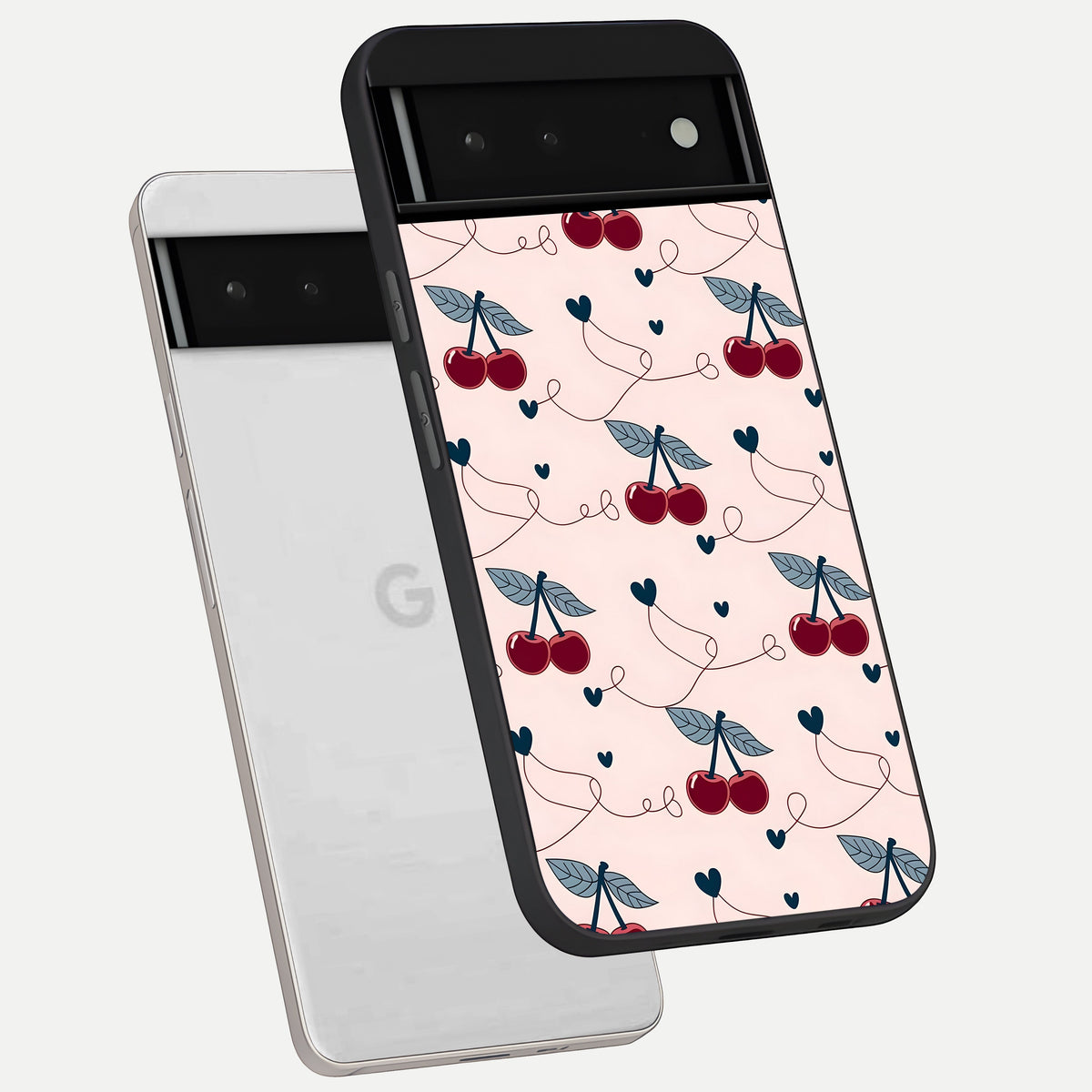  Cherry Heart Line phone case For Google Pixel 6 showing premium glass back cover with detailed artwork