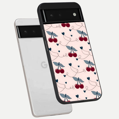 Cherry Heart Line phone case For Google Pixel 6 showing premium glass back cover with detailed artwork
