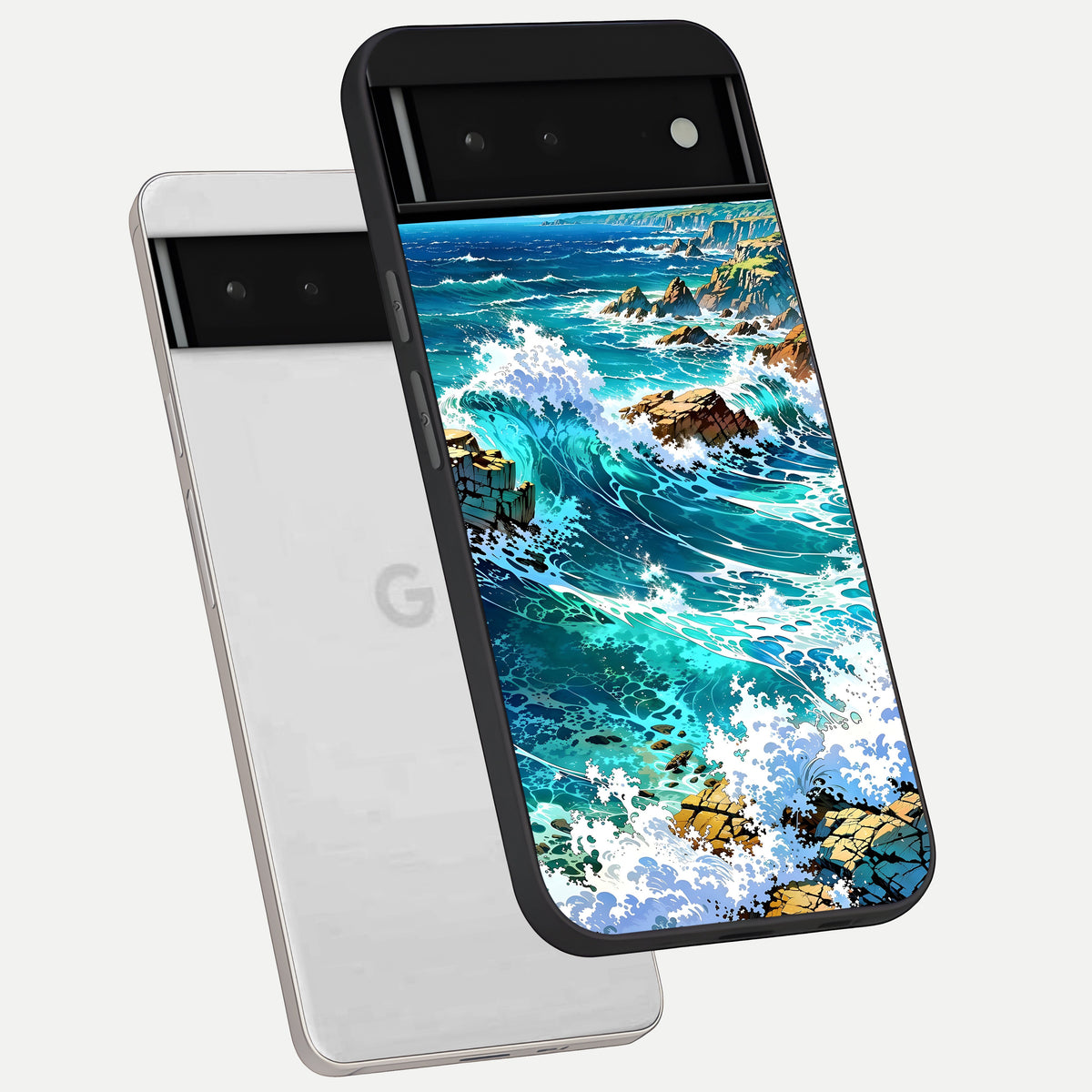  Coastal Blue Waves phone case For Google Pixel 6 showing premium glass back cover with detailed artwork