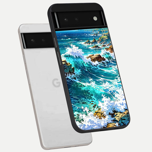  Coastal Blue Waves phone case For Google Pixel 6 showing premium glass back cover with detailed artwork