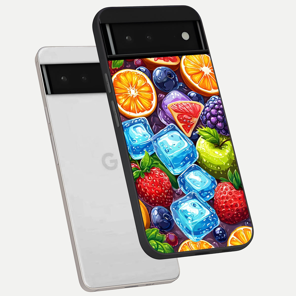  Colorful Fruits with Ice phone case For Google Pixel 6 showing premium glass back cover with detailed artwork