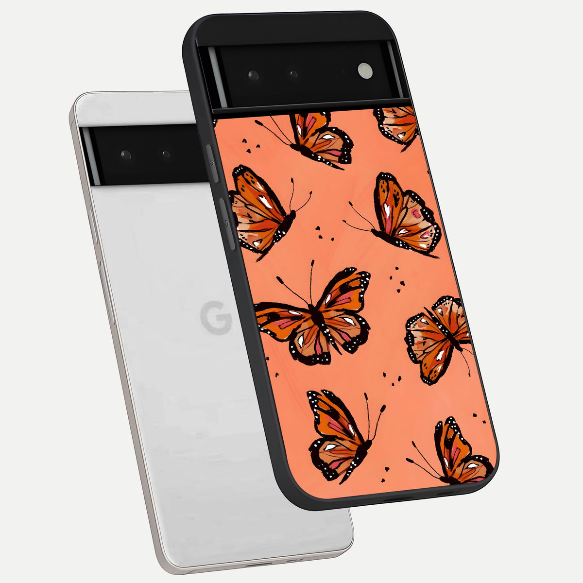  Coral Wing Butterfly phone case For Google Pixel 6 showing premium glass back cover with detailed artwork