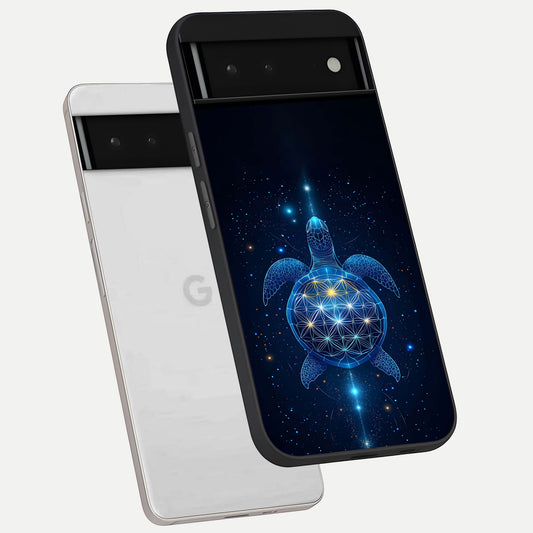  Crimson Blue Turtle phone case For Google Pixel 6 showing premium glass back cover with detailed artwork
