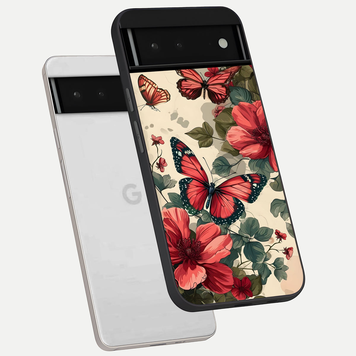  Crimson Butterfly Garden phone case For Google Pixel 6 showing premium glass back cover with detailed artwork