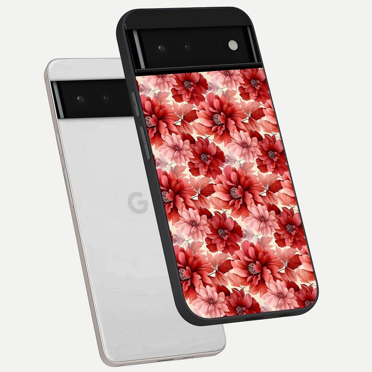  Crimson Love Petals phone case For Google Pixel 6 showing premium glass back cover with detailed artwork