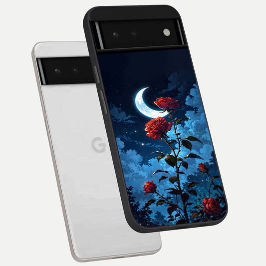  Crimson Rose Moon phone case For Google Pixel 6 showing premium glass back cover with detailed artwork