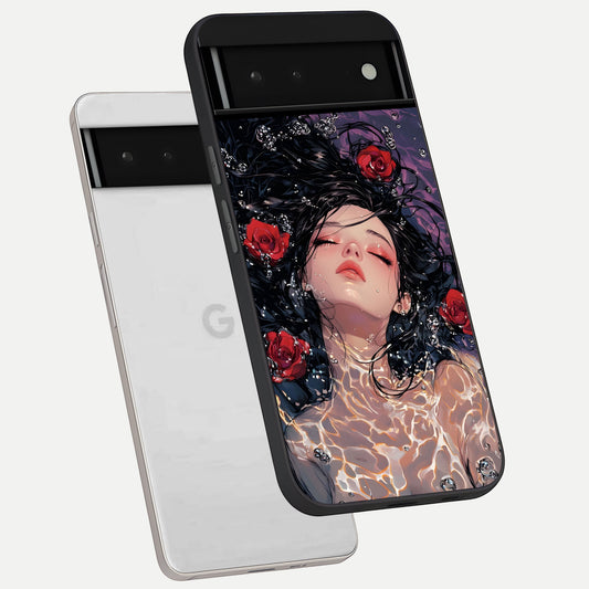  Crimson Rose Serenity phone case For Google Pixel 6 showing premium glass back cover with detailed artwork
