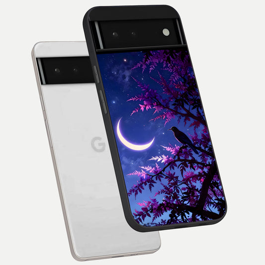  Crow And Moon Scenery phone case For Google Pixel 6 showing premium glass back cover with detailed artwork