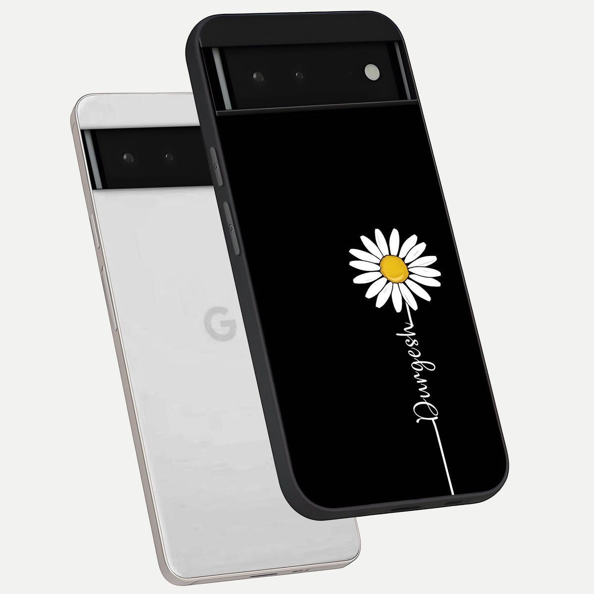  Custom Name White Flower phone case For Google Pixel 6 showing premium glass back cover with detailed artwork