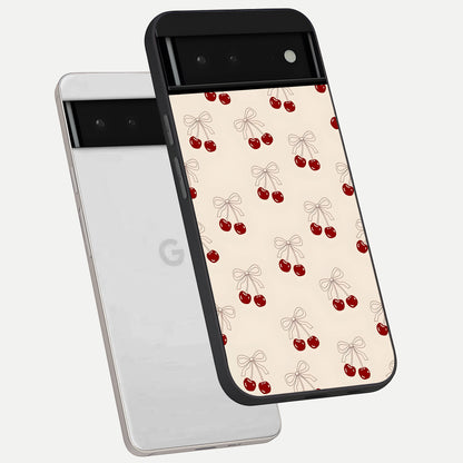  Cute Cherry Pattern phone case For Google Pixel 6 showing premium glass back cover with detailed artwork