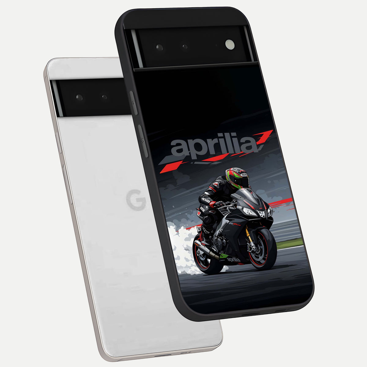  Dark Aprilla phone case For Google Pixel 6 showing premium glass back cover with detailed artwork