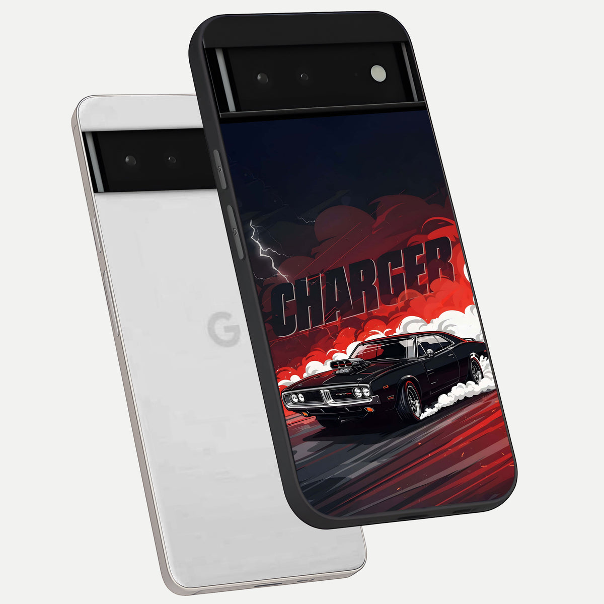  Dark Charger Fury phone case For Google Pixel 6 showing premium glass back cover with detailed artwork