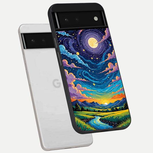 Dreamy Night Landscape phone case For Google Pixel 6 showing premium glass back cover with detailed artwork