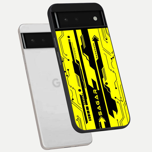  Electric Pulse CYBERPUNK Custom Name phone case For Google Pixel 6 showing premium glass back cover with detailed artwork