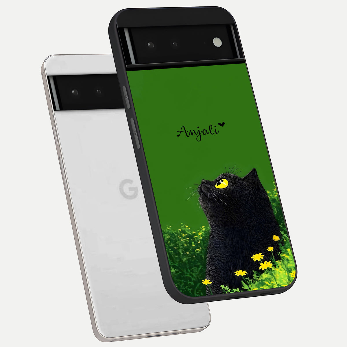  Emerald Cat Custom Name phone case For Google Pixel 6 showing premium glass back cover with detailed artwork