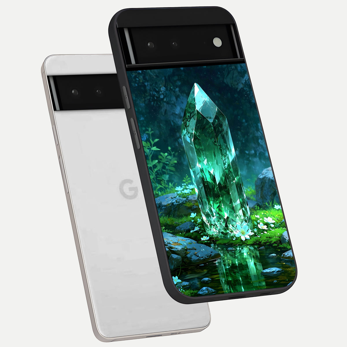  Emerald Light Crystal phone case For Google Pixel 6 showing premium glass back cover with detailed artwork