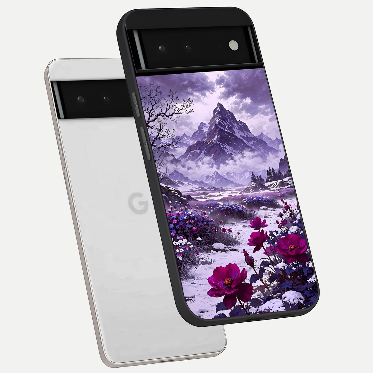  Flower Mountain View phone case For Google Pixel 6 showing premium glass back cover with detailed artwork