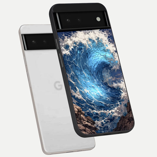  Giant Ocean Wave phone case For Google Pixel 6 showing premium glass back cover with detailed artwork