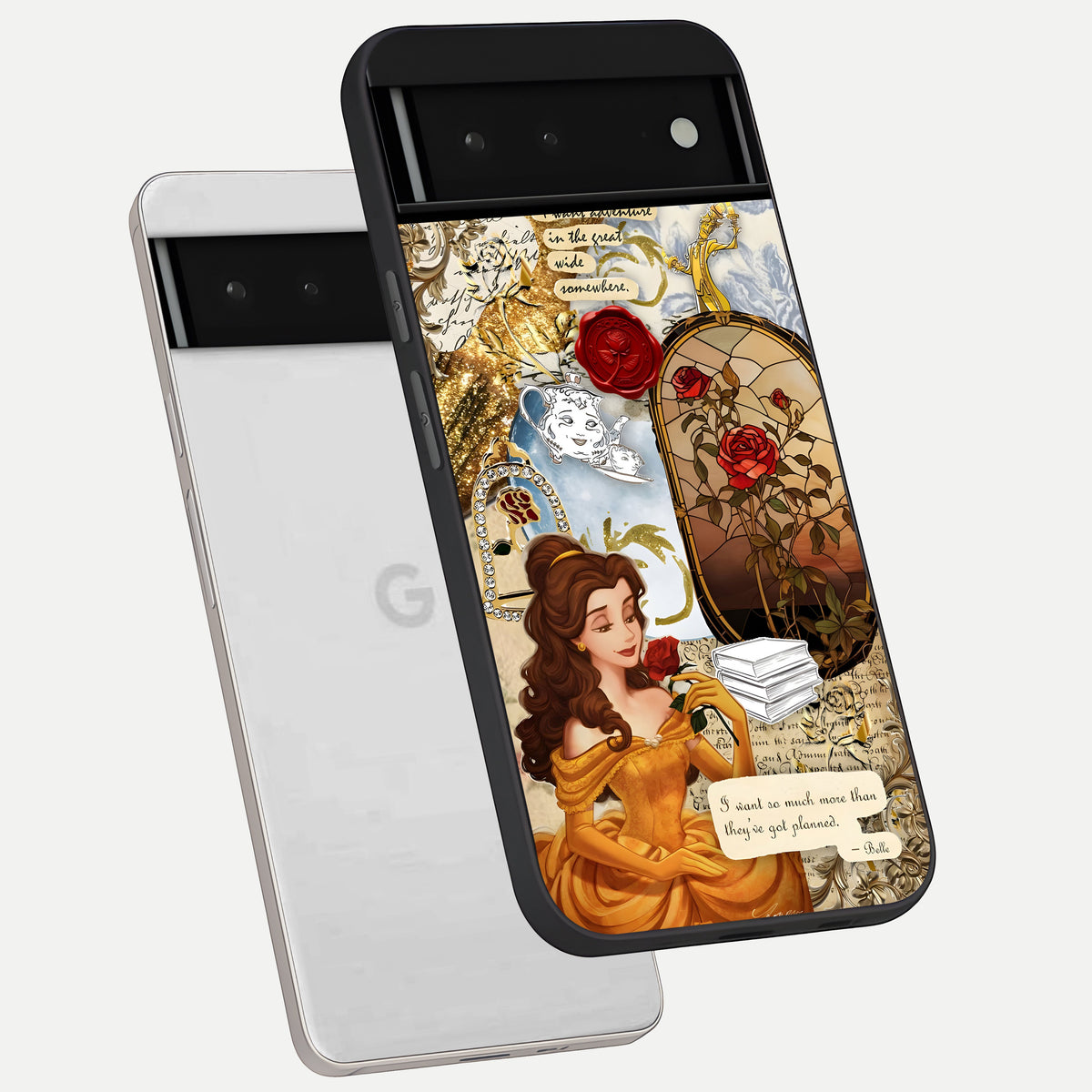  Golden Dream Belle phone case For Google Pixel 6 showing premium glass back cover with detailed artwork