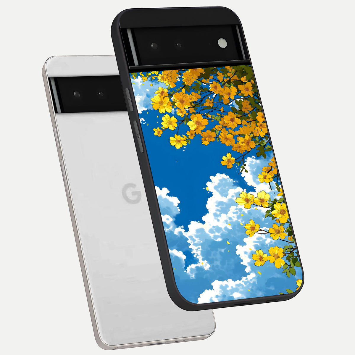  Golden Petal Sky phone case For Google Pixel 6 showing premium glass back cover with detailed artwork