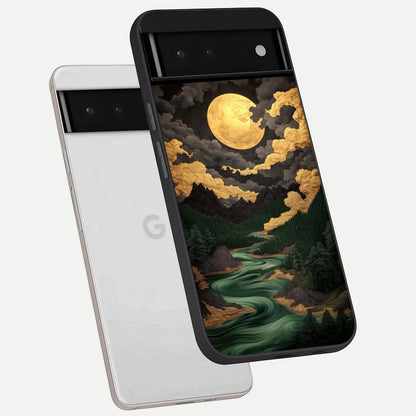  Golden River Moon phone case For Google Pixel 6 showing premium glass back cover with detailed artwork