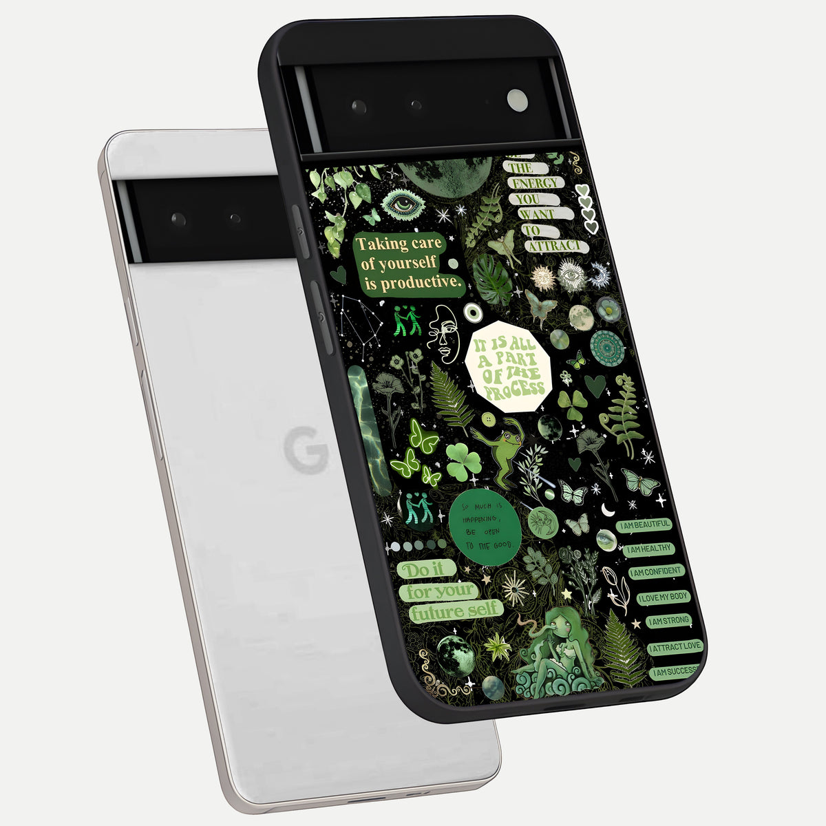  Green Mandala Pattern phone case For Google Pixel 6 showing premium glass back cover with detailed artwork