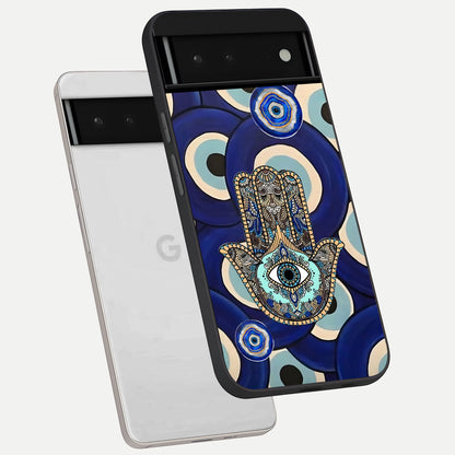  Hamsa Divine Guard phone case For Google Pixel 6 showing premium glass back cover with detailed artwork