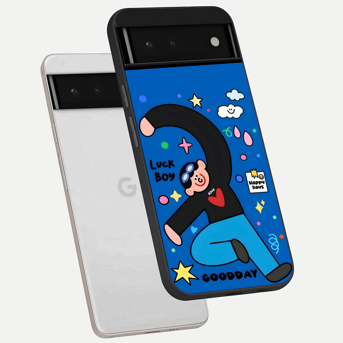  Happy Luck Vibe phone case For Google Pixel 6 showing premium glass back cover with detailed artwork