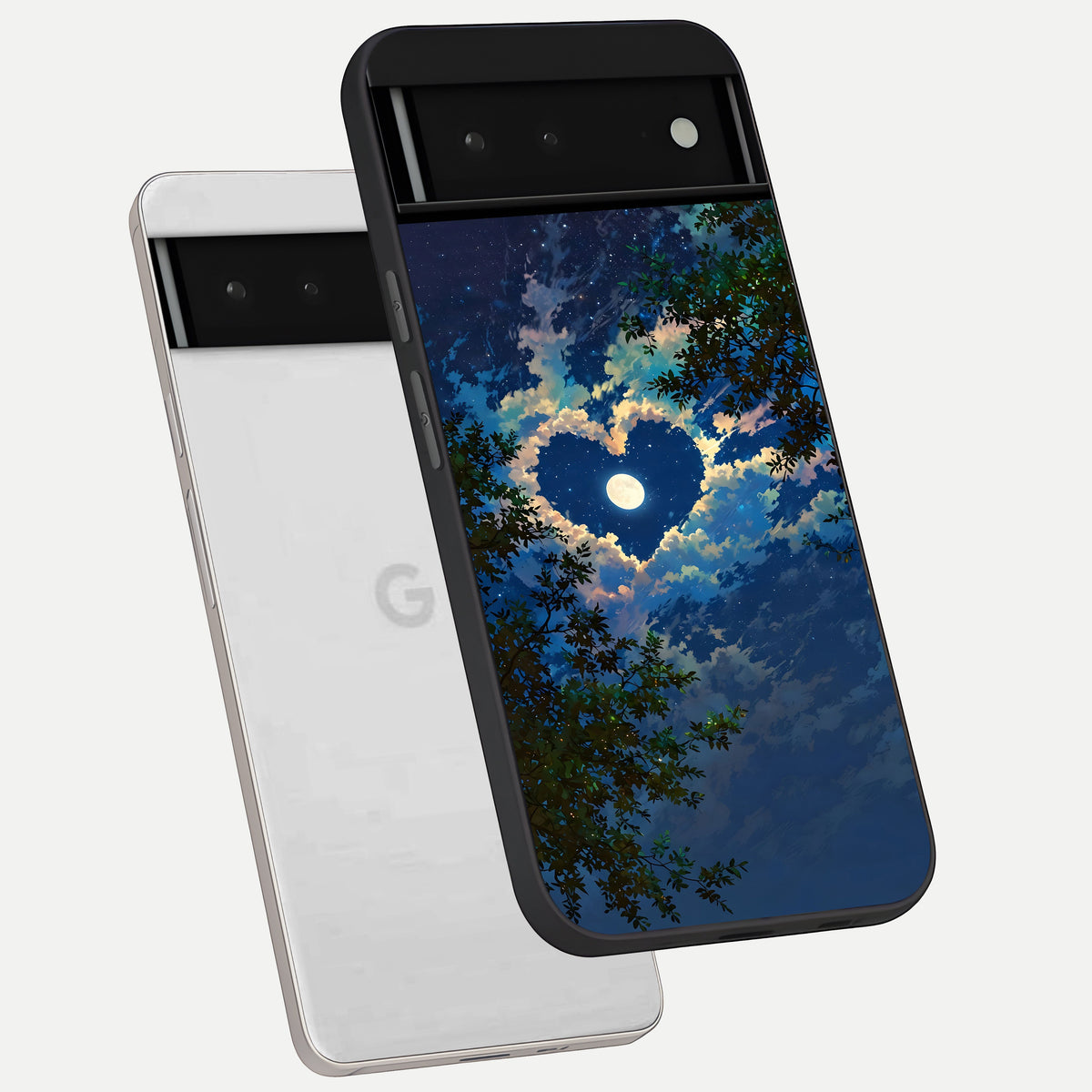  Heart With Moon Sky phone case For Google Pixel 6 showing premium glass back cover with detailed artwork
