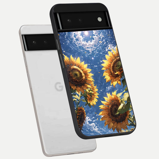  Heavenly Sunflower Rise phone case For Google Pixel 6 showing premium glass back cover with detailed artwork