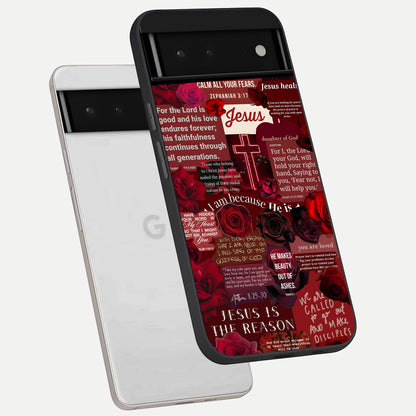  Jesus Love Heals phone case For Google Pixel 6 showing premium glass back cover with detailed artwork