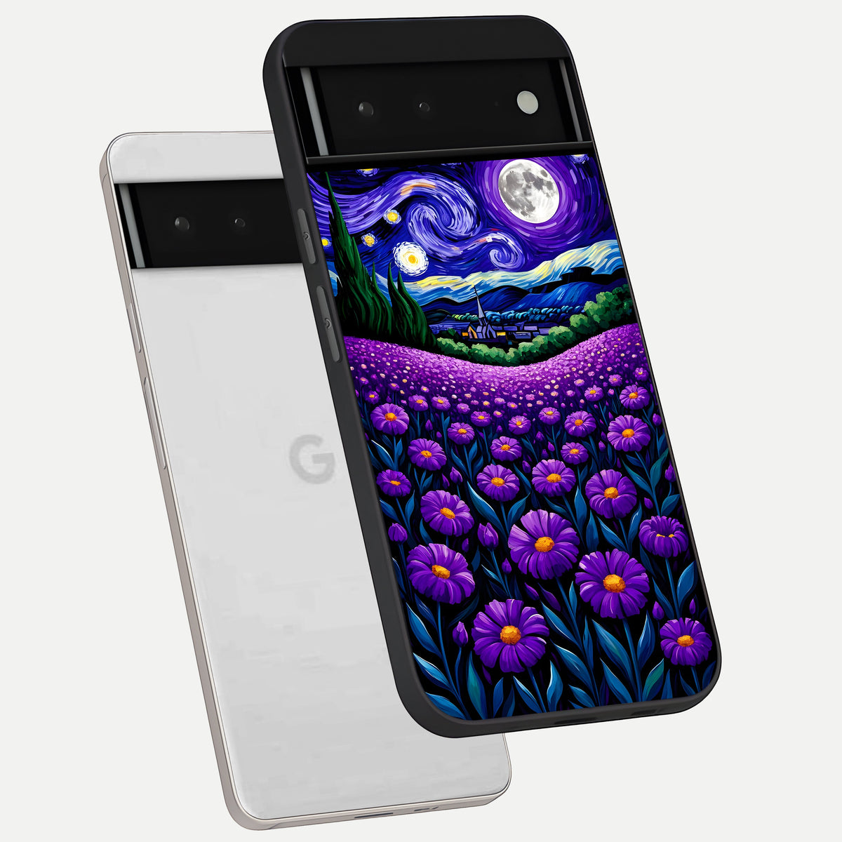  Lavender Moon Field phone case For Google Pixel 6 showing premium glass back cover with detailed artwork