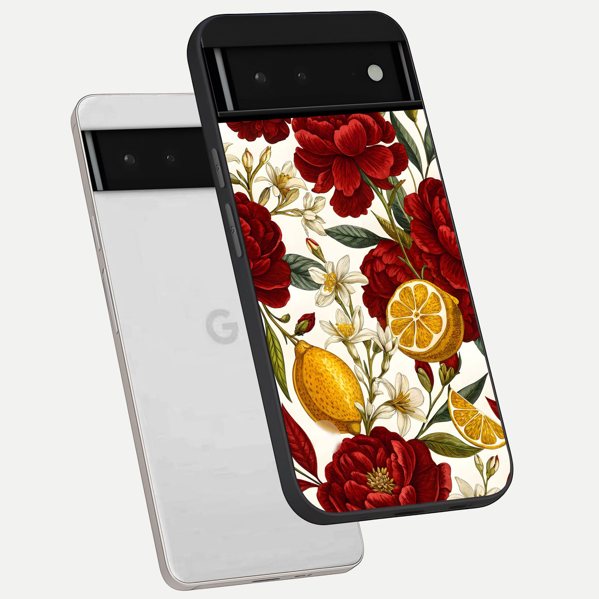  Lemon Rose Charm phone case For Google Pixel 6 showing premium glass back cover with detailed artwork