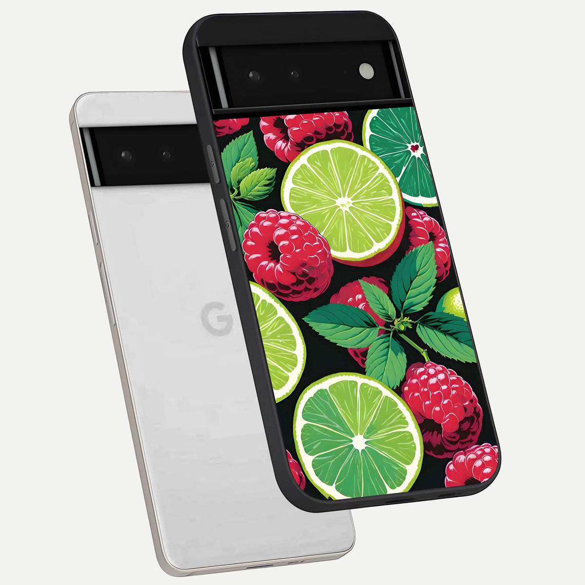  Lime and Raspberry Pattern phone case For Google Pixel 6 showing premium glass back cover with detailed artwork