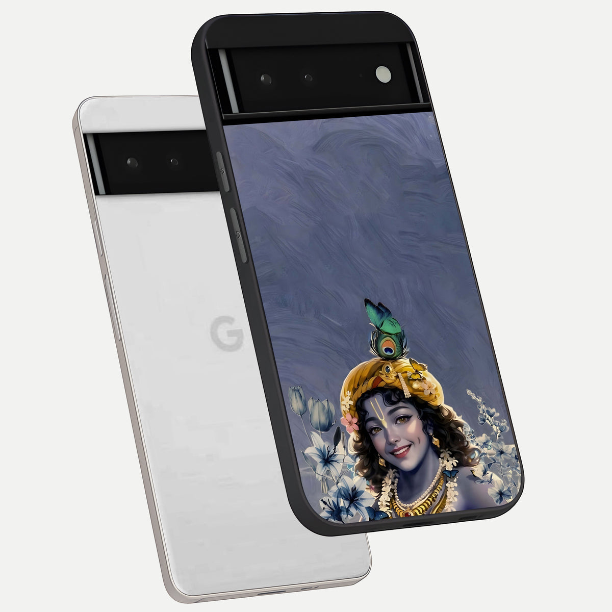  Lord Krishna phone case For Google Pixel 6 showing premium glass back cover with detailed artwork