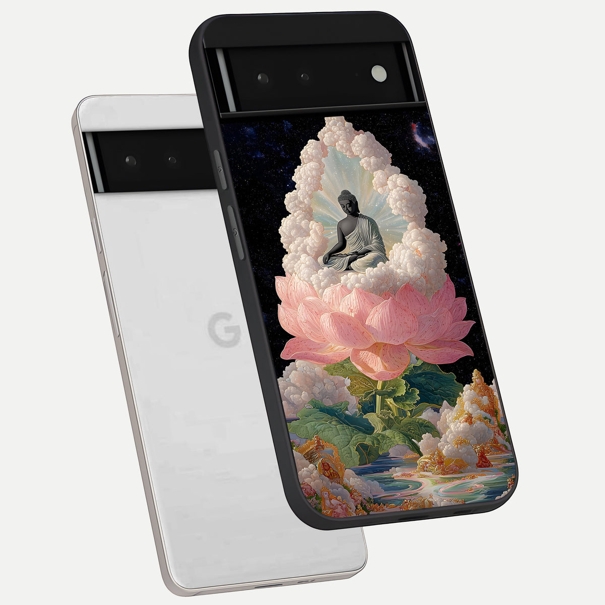  Lotus Divine Peace phone case For Google Pixel 6 showing premium glass back cover with detailed artwork