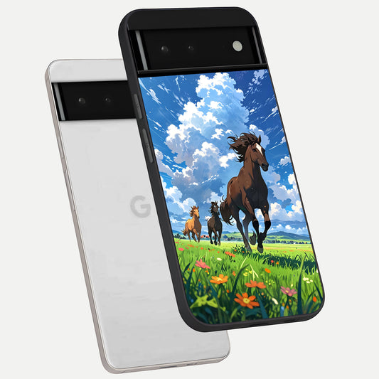  Majestic Horses Galloping phone case For Google Pixel 6 showing premium glass back cover with detailed artwork