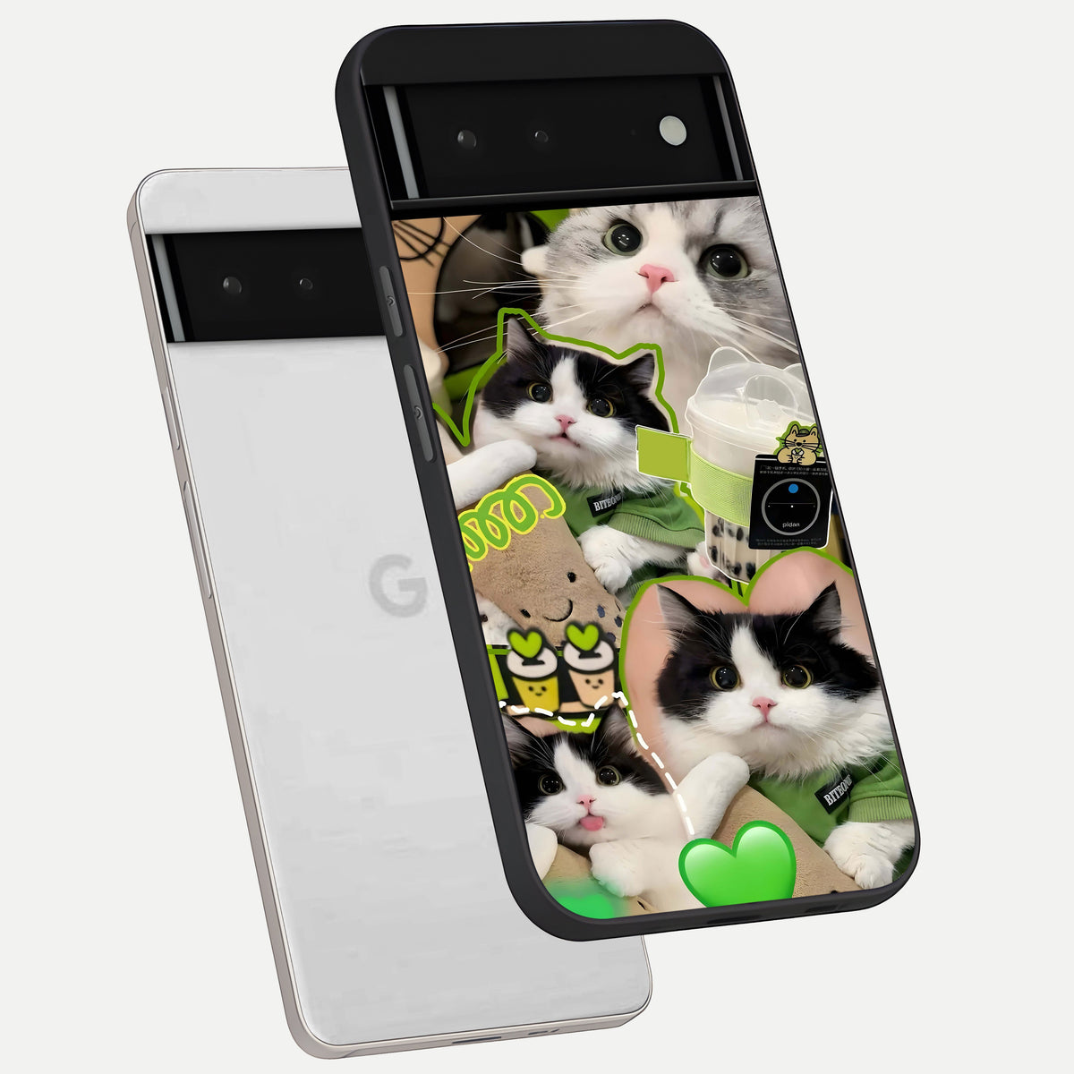  Matcha Cats Mood phone case For Google Pixel 6 showing premium glass back cover with detailed artwork